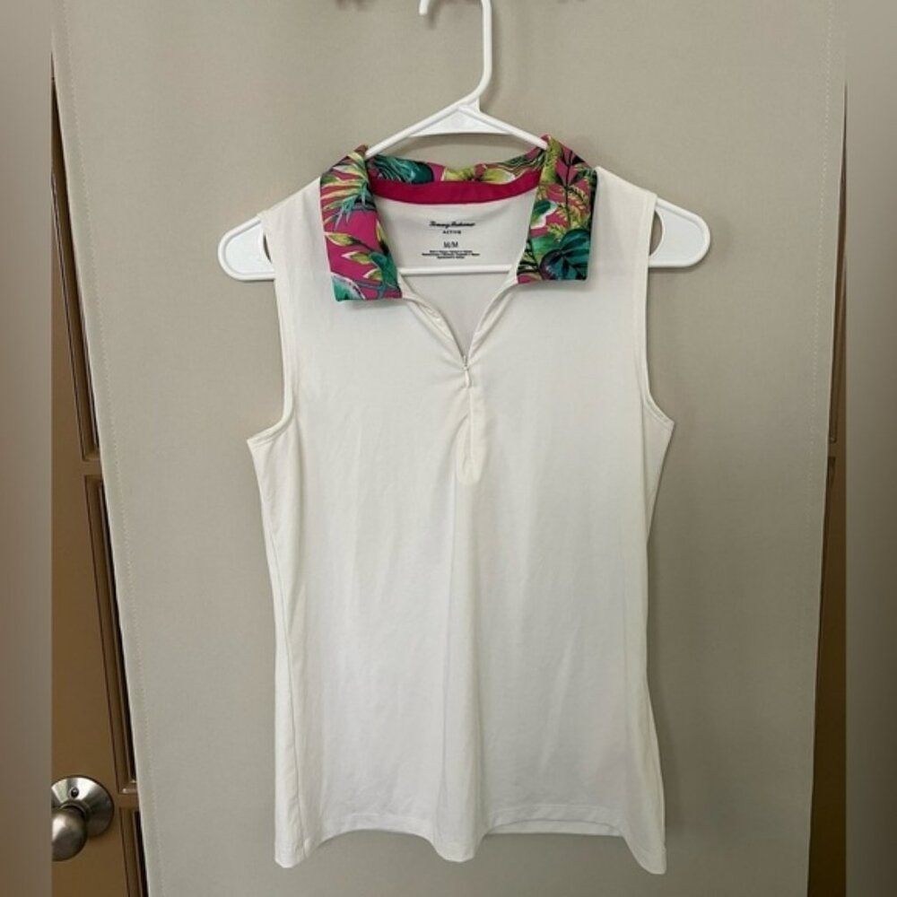 Tommy Bahama Womens Medium White FloralCollar Active Sleeveless Polo Tank Top